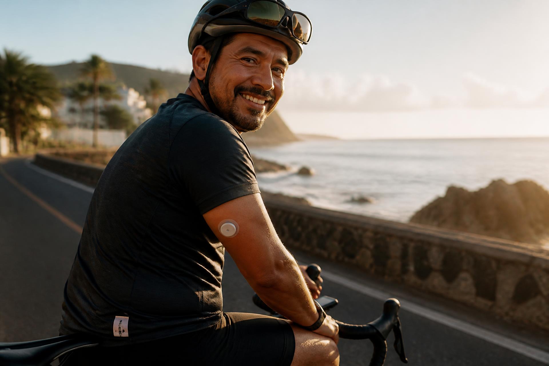 Persona con diabetes en ciclismo al amanecer con sensor CGM visible